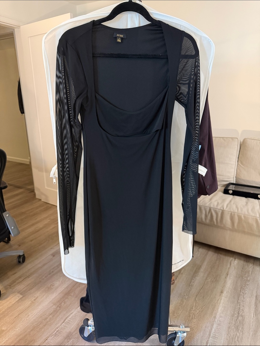 AFRM Black Long Sleeve Mesh Panel Midi Dress